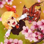  cherry_blossoms crossover dragon from_above looking_up monster_hunter open_mouth rathalos rumia shin_psalm short_hair smile touhou youkai 