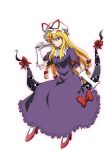  blonde_hair bow dress elbow_gloves fan folding_fan gap gloves hat high_heels highres long_hair purple_eyes rimibure shoes solo touhou violet_eyes wink yakumo_yukari 