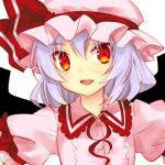  blue_hair bust face fang hat izumi_minami looking_at_viewer lowres open_mouth red_eyes remilia_scarlet simple_background smile solo touhou tsurime white_background wings 