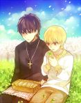  blonde_hair bracelet brown_eyes brown_hair casual clover cross cross_necklace earrings expressionless fate/zero fate_(series) four-leaf_clover jewelry male multiple_boys necklace picnic red_eyes short_hair toriatte v-neck 
