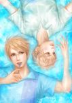  america_(hetalia) axis_powers_hetalia blonde_hair blue blue_eyes candy glasses green_eyes lollipop lotus_(elico) lotus_(pixiv) male multiple_boys petals realistic rotational_symmetry shirt submerged united_kingdom_(hetalia) water wet wet_clothes 