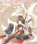  1girl animal_ears arm_guard arm_guards black_eyes black_hair blush cherry_blossoms closed_eyes couple eyes_closed flower fox_ears fox_tail hair_flower hair_ornament highres horns hug inu_x_boku_ss japanese_clothes long_hair miketsukami_soushi miko pantyhose petals scarf shirakiin_ririchiyo short_hair sitting suzuneko-rin tail very_long_hair white_hair 