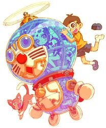  animal_ears bell brown_hair cat cat_ears doraemon doraemon_(character) glasses mechanical nakayama_tooru nobi_nobita transparent 