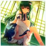  album_cover an2a bare_shoulders cover cropped detached_sleeves flower frog green_hair hair_ornament highres kochiya_sanae long_hair petals scan sitting solo tabi touhou 