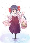  black_hair boots bow brown_eyes errant floral_print hair_bow hakama japanese_clothes k-on! long_hair long_skirt looking_down nakano_azusa pinching_sleeves pleated_skirt ripples skirt sleeves_past_wrists smile twintails wide_sleeves 