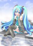  absurdres aqua_eyes aqua_hair bare_shoulders checkered checkered_floor feet_in_water hatsune_miku headphones headset highres kanon_(kurogane_knights) long_hair microphone necktie soaking_feet thigh-highs thighhighs twintails vocaloid water 