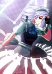  bible_(pixiv) bow braid fingerless_gloves gloves highres izayoi_sakuya knife maid maid_headdress pocket_watch red_eyes short_hair silver_hair solo touhou twin_braids watch 