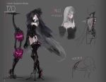  black_rock_shooter bow_(weapon) corset glowing glowing_eyes grey_hair high_heels original pale_skin prosthesis satsuyu_ito shoes translation_request veil weapon 