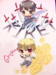  black_keys blonde_hair brown_eyes brown_hair character_name chibi cross cup fate/zero fate_(series) gate_of_babylon gilgamesh jewelry kotomine_kirei male multiple_boys necklace red_eyes to_kachan wine_glass 
