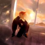  fate/zero fate_(series) gakuran hallch male orange_hair school_uniform sitting solo sunset uryuu_ryuunosuke window 