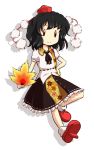  ascot black_hair fan geta hand_on_hip hat hips leaf maple_leaf mazume pom_pom_(clothes) shameimaru_aya solo tokin_hat touhou |_| 