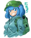  backpack bag between_breasts blue_eyes blue_hair breasts face grin hair_bobbles hair_ornament hat kawashiro_nitori looking_at_viewer randoseru short_twintails smile solo space_jin spacezin touhou twintails two_side_up white_background 