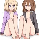  bare_legs barefoot blonde_hair bottomless breasts brown_eyes brown_hair cardigan cleavage feet hair_ribbon kanaria_(artist) maribel_hearn multiple_girls naked_cardigan no_bra no_pants open_cardigan open_clothes open_shirt purple_eyes ribbon short_hair toes tori_(minamopa) touhou usami_renko violet_eyes 