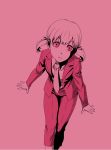  :o doujima_nanako formal gintama highres looking_at_viewer monochrome necktie open_mouth pant_suit pants parody persona persona_4 pink pink_eyes short_twintails solo standing suit twintails uzu_hi 