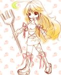  ahoge blonde_hair boots chibi fork holding holding_fork long_hair milla_maxwell miniskirt orange0512 ribbon sketch skirt smile solo tales_of_(series) tales_of_xillia 