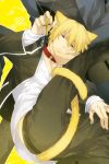  animal_ears blonde_hair casual cat_ears cat_tail collar cross cross_necklace fate/stay_night fate_(series) gilgamesh jewelry kemonomimi_mode kotomine_kirei male multiple_boys necklace red_eyes tail xia_(ryugo) yellow_background 
