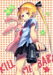  aneunyeoja blonde_hair eyepatch gun hair_ribbon kill_me_baby necktie purple_eyes pyonsuke ribbon skirt sonya_(kill_me_baby) star stuffed_animal stuffed_toy title_drop twintails violet_eyes weapon 