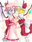  absurdres bat_wings blonde_hair blue_eyes blue_hair flandre_scarlet hands_on_shoulders hat hat_ribbon highres long_hair maimai11 multiple_girls pocky pocky_kiss red_eyes remilia_scarlet ribbon shared_food siblings sisters touhou vampire wings yuri 