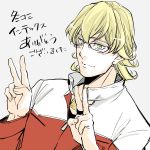  barnaby_brooks_jr blonde_hair double_v glasses green_eyes jacket jewelry male necklace red_jacket ring smile solo tiger_&amp;_bunny tooyamada v 