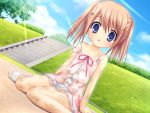  1girl blue_eyes blush brown_hair child cloud dirty dress game_cg grass hair_ornament kud_wafter little_busters!! na-ga quad_tails ribbon sand sandals short_hair sky sundress tree 