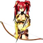  absurdres arrow belt beltskirt bow_(weapon) breasts chankodining_waka cleavage elbow_gloves gloves highres long_hair nanaly_fletch navel red_eyes red_hair redhead simple_background smile solo tales_of_(series) tales_of_destiny tales_of_destiny_2 twintails weapon white_background 