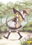  aoyagi_neko apron blonde_hair book bow broom flower hat hat_bow kirisame_marisa long_hair solo touhou waist_apron walking witch witch_hat 