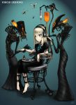  bags_under_eyes barefoot blonde_hair blue_eyes bottle bug chair comb combing_hair dress drugs english gia headphones highres insect intravenous_drip long_hair medicine original pill pills robot short_hair signature sitting syringe white_hair 