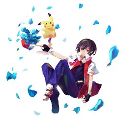  1boy belt brown_hair floating gloves hat highres holding holding_poke_ball jacket pale_skin pants petals pikachu poke_ball pokemon pokemon_(creature) pokemon_(game) pokemon_rgby red red_(pokemon) red_(pokemon)_(classic) red_eyes shoes simple_background sneakers uransa 