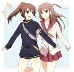  :d atarashi_ako bad_id brown_hair cardigan eye_contact jacket leg_up looking_at_another multiple_girls no_pants open_mouth ponytail red_eyes saki saki_achiga-hen sao_(0060) school_uniform serafuku skirt smile takakamo_shizuno track_jacket translated translation_request 