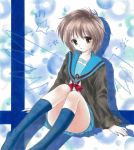  brown_eyes cardigan kneehighs marker_(medium) nagato_yuki panties pantyshot pantyshot_(sitting) pantyshot_sitting pastel_(medium) school_uniform short_hair sitting solo suzumiya_haruhi_no_yuuutsu tegaki_no_yuu traditional_media underwear 