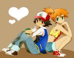  1girl back-to-back bad_id bare_shoulders black_hair brown_background brown_eyes child denim fingerless_gloves gloves green_eyes hat heart jacket kasumi_(pokemon) midriff mochi730 orange_hair pokemon pokemon_(anime) satoshi_(pokemon) satoshi_(pokemon)_(classic) shoes shorts side_ponytail simple_background sitting sneakers suspenders 