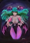  1girl alvin_lee bare_shoulders bat_print bat_wings breasts bridal_gauntlets capcom cleavage collaboration demon_girl elbow_gloves gloves green_hair head_wings hips inviting large_breasts leotard lips long_hair morrigan_aensland pantyhose solo steven_mack succubus thigh_gap thighs vampire_(game) wide_hips wings yellow_eyes 