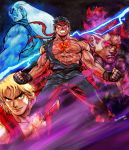  4boys abs bald beads blonde_hair clenched_hands dark_skin dougi evil_ryuu eyebrows fingerless_gloves gloves glowing glowing_eyes gouken gouki headband ken_masters long_hair multiple_boys muscle pectorals prayer_beads red_eyes red_hair redhead ryuu_(street_fighter) short_hair steven_mack street_fighter thick_eyebrows topknot torn_clothes white_hair 