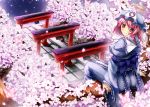  90i ass back breasts butterfly cherry_blossoms dress ghost hat hitodama japanese_clothes looking_back obi petals pink_eyes pink_hair ribbon saigyouji_yuyuko short_hair sitting smile solo torii touhou tree triangular_headpiece 