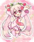  alternate_color alternate_hair_color armpits arms_up cherry chibi detached_sleeves food fruit hatsune_miku long_hair open_mouth pink_eyes pink_hair ro_(igris-geo) sakura_miku skirt smile solo twintails very_long_hair vocaloid 