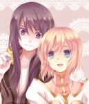  1girl :d black_hair blue_eyes estellise_sidos_heurassein holding kai_aki long_hair open_mouth pink_hair smile tales_of_(series) tales_of_vesperia yuri_lowell 