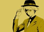 finger_on_hat formal gintama hat kuma_(persona_4) looking_at_viewer male monochrome necktie parody persona persona_4 pointing short_hair smile solo suit uzu_hi yellow yellow_eyes 
