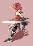  armor bare_shoulders dual_wielding elsword elsword_(character) fullluv highres male ponytail red_eyes red_hair redhead simple_background solo sword weapon 