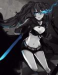  belt bikini_top black_hair black_rock_shooter black_rock_shooter_(character) blue_eyes boots breasts cleavage coat front-tie_top glowing glowing_eyes lackless long_hair scar shiny shiny_skin short_shorts shorts sword twintails weapon 