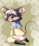  animal_ears bare_back black_legwear blush crying from_behind grey_hair highres kehukoete mouse_ears mouse_tail nazrin open_mouth panties red_eyes short_hair sitting solo tail tears touhou underwear wariza white_panties 
