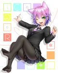  animal_ears cat_ears copyright_request feet green_eyes highres hinase_kanoto necktie no_shoes pantyhose pointing skirt toes uniform wink 
