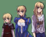  adult age_progression ahoge blonde_hair braid cape casual dress fate/stay_night fate_(series) green_eyes hair_ribbon highres ladymarta long_hair multiple_girls multiple_persona puffy_sleeves ribbon saber single_braid teenage young 