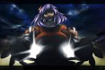  backlighting breasts cloudy_sky english from_below large_breasts letterboxed long_sleeves looking_at_viewer looking_down outstretched_arms purple_hair red_eyes smile solo space_jin spacezin touhou yasaka_kanako 