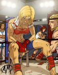  2girls abs andy_bogard ankle_wraps arena bandeau bare_shoulders barefoot bike_shorts blonde_hair blood blue_eyes blue_mary boxing_ring breasts brown_hair bruise cleavage cuts dougi fatal_fury fingerless_gloves ganassa gloves highres injury kim_kaphwan king_of_fighters midriff mixed_martial_arts mouth_guard multiple_boys multiple_girls muscle punching_bag red_hair redhead ryuuko_no_ken short_hair shorts sideboob sitting snk stool sweat tank_top toeless_socks toned towel vanessa wrist_wraps 