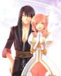  1girl :d ^_^ black_hair celestial_s closed_eyes estellise_sidos_heurassein eyes_closed gloves grin hand_on_head hand_on_hip hands_together highres hips long_hair open_mouth pink_hair smile tales_of_(series) tales_of_vesperia yuri_lowell 