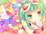  candy carrot goggles goggles_on_head green_eyes green_hair gumi heart lollipop looking_at_viewer looking_up mouth_hold november-eri short_hair smile solo vocaloid 