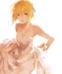  ahoge breasts cleavage dress fate/stay_night fate_(series) green_eyes hair_ribbon ludwig_mayer no_lineart ribbon saber simple_background solo strapless_dress white_background 