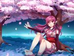  ahoge bad_id bare_shoulders barefoot bridal_gauntlets cherry_blossoms feet hair_ornament japanese_clothes kimono long_hair looking_away nail_polish open_mouth rainto red_eyes red_hair redhead sf-a2_miki sitting solo toes vocaloid water 