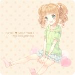  &lt;3 :d balloon between_legs bobby_socks brown_hair casual character_name footwear green_eyes hand_between_legs heart hoodie hoshisaki_yume idolmaster open_mouth pink_legwear skirt smile socks solo takatsuki_yayoi title_drop twintails 