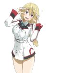  blonde_hair blush breasts carlos_toshiki charlotte_dunois head_tilt infinite_stratos large_breasts long_hair looking_at_viewer no_pants open_mouth purple_eyes ribbon school_uniform simple_background solo thighs violet_eyes white_background 